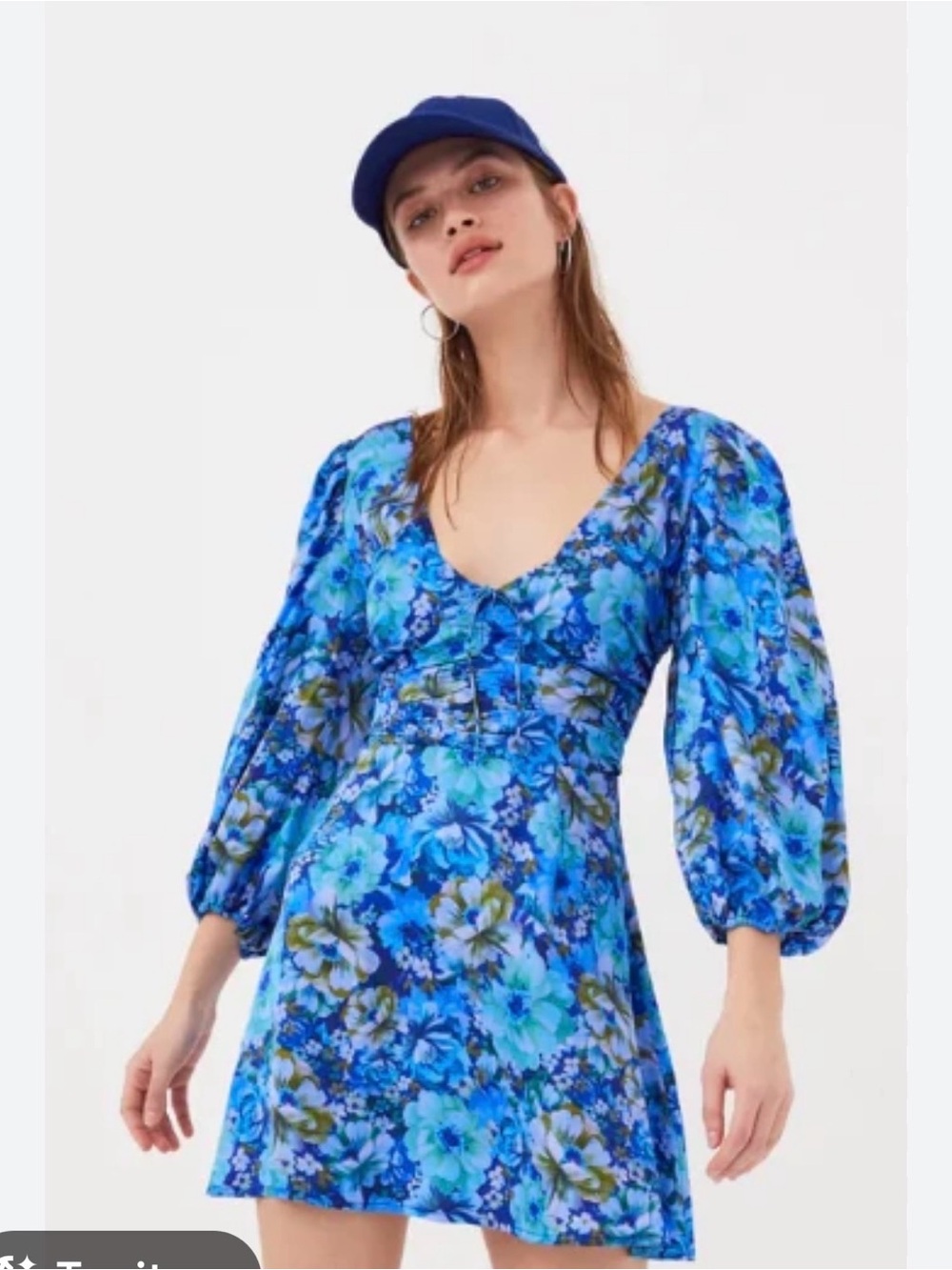For Love And Lemons Blue Floral V-Neck Puff-Sleeve Mini Dress